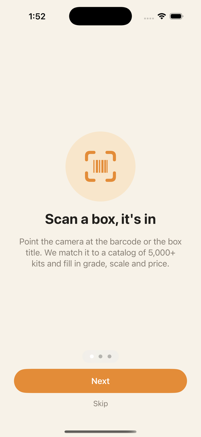 Kitdex onboarding screen: scan a box and it’s in your collection