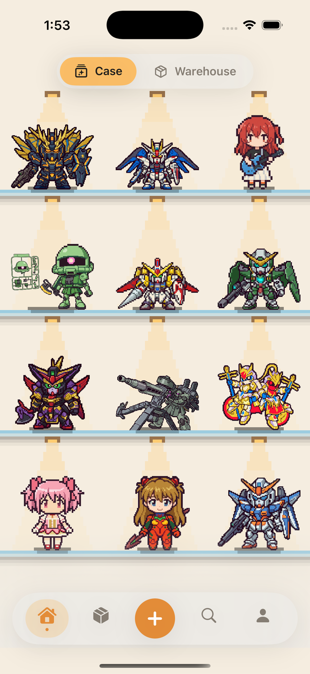 Kitdex display case: finished model kits shown as pixel-art figures on lit shelves