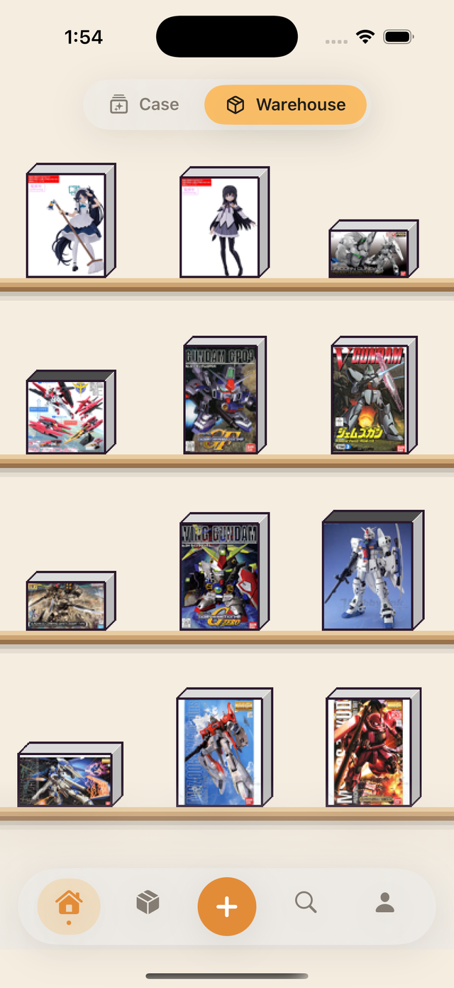 Pixel-art warehouse rack holding unbuilt model kit boxes