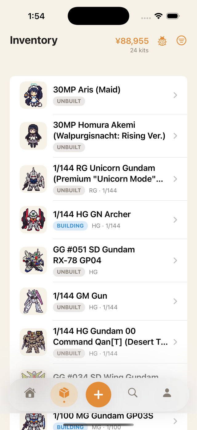 Inventory list with the collection’s total value and a status tag on each kit