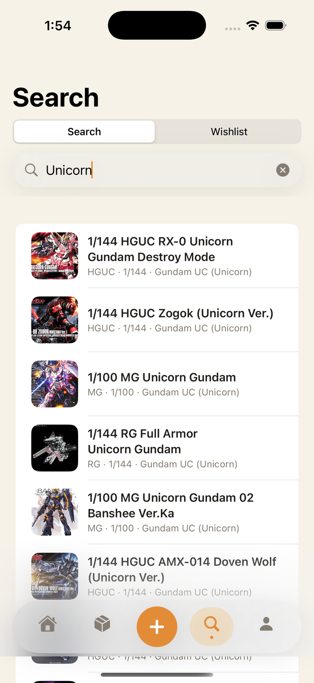 Catalog search results listing model kits with grade and scale