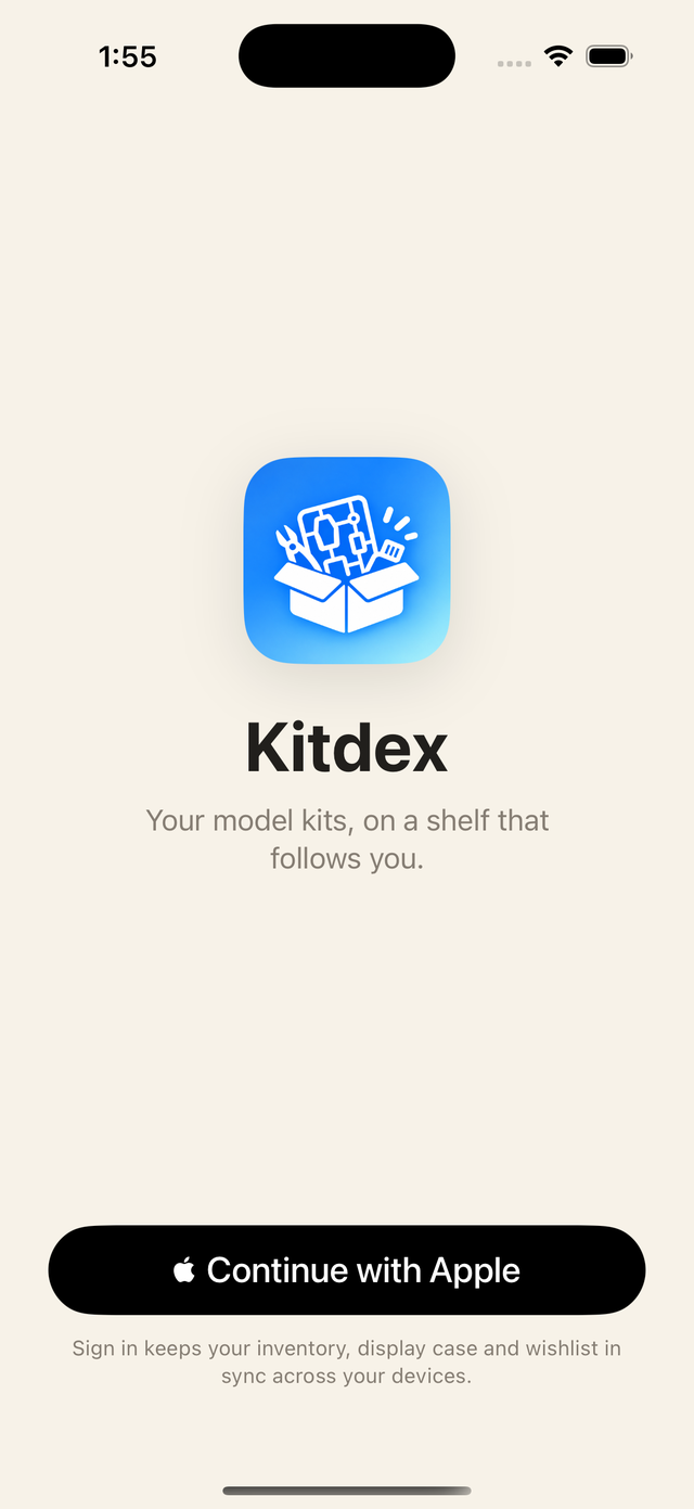 Kitdex welcome screen with the Continue with Apple button